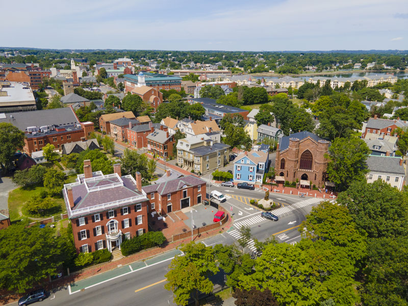 Aerial view of Salem historic city center including Salem Witch Museum in city of Salem, Massachusetts MA, USA.